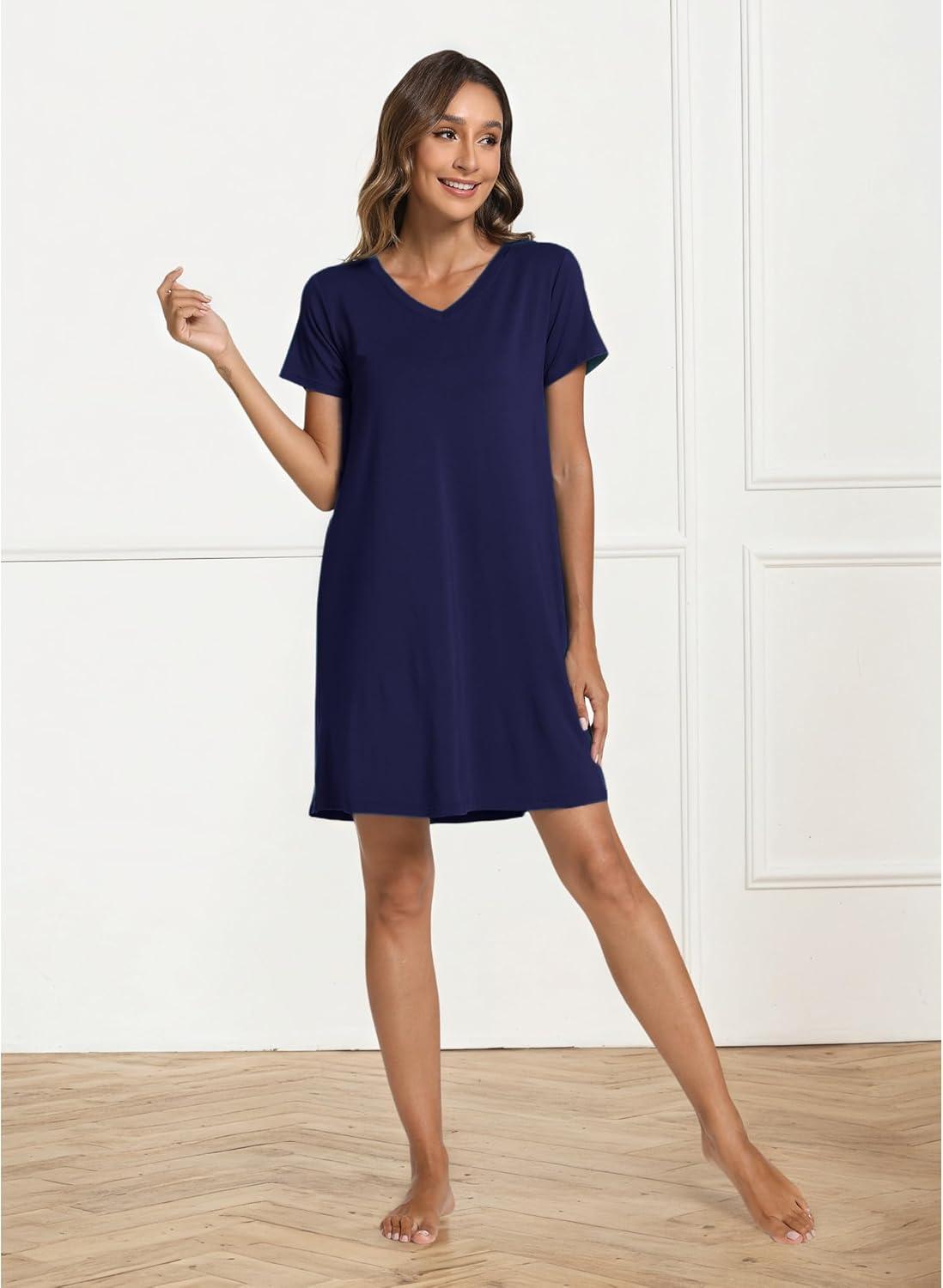 imageGYS Bamboo Viscose Womens Nightgowns Classic Short Sleeve V Neck Sleep DressNavy