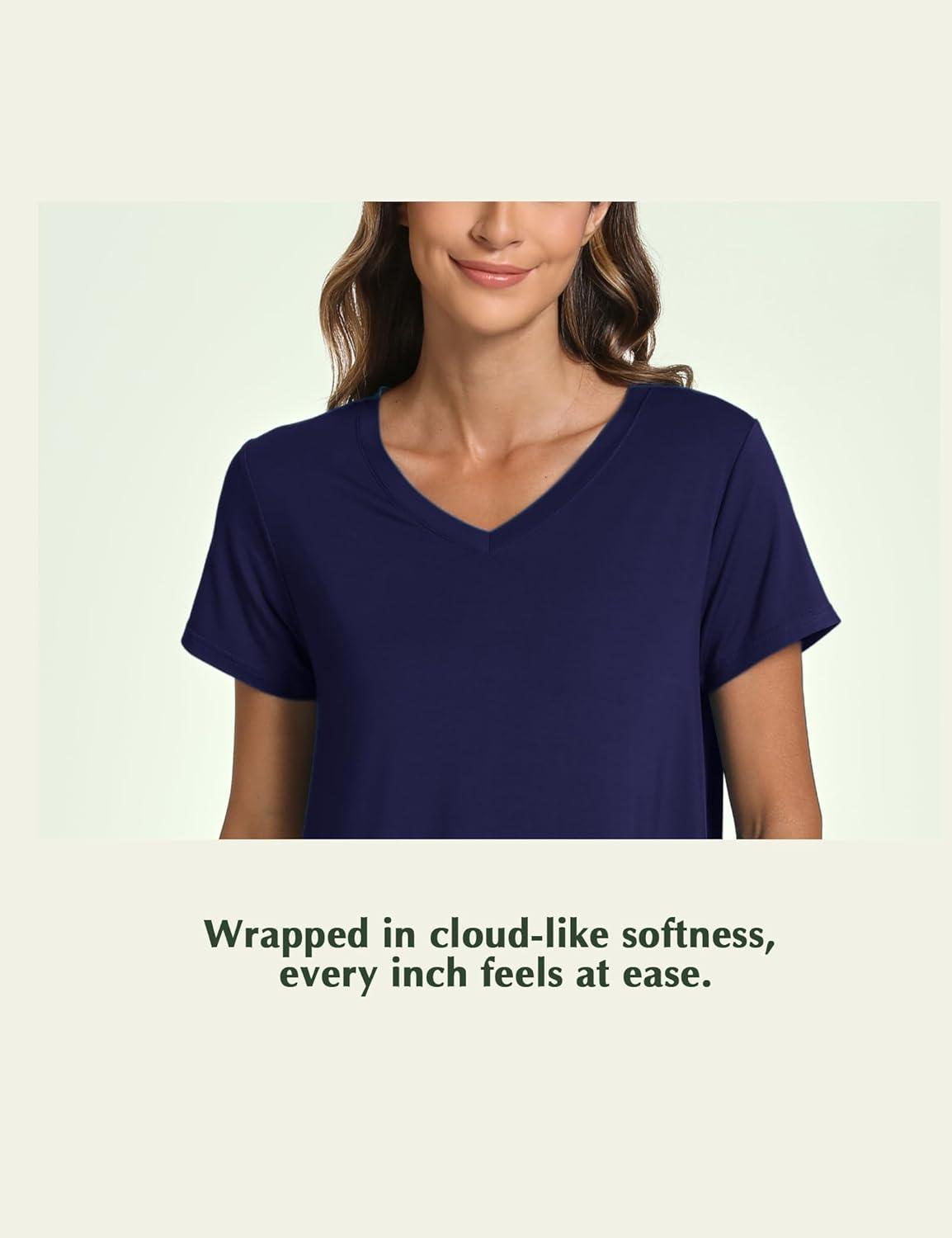 imageGYS Bamboo Viscose Womens Nightgowns Classic Short Sleeve V Neck Sleep DressNavy