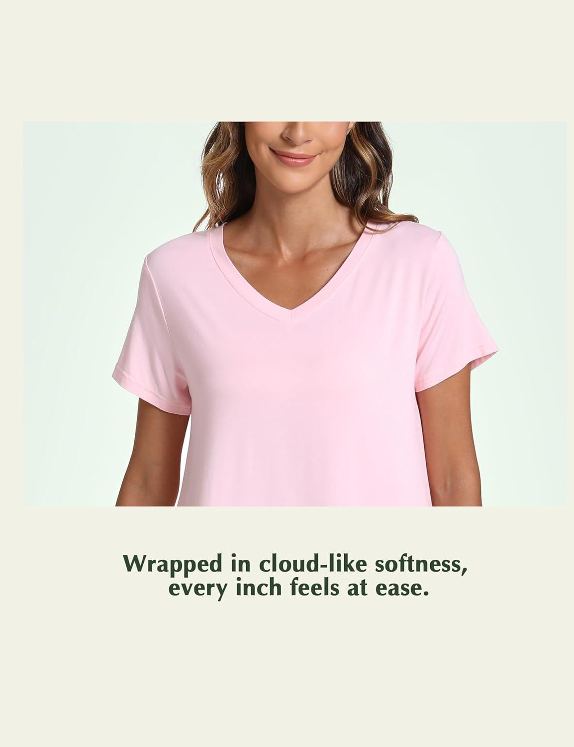 imageGYS Bamboo Viscose Womens Nightgowns Classic Short Sleeve V Neck Sleep DressPink