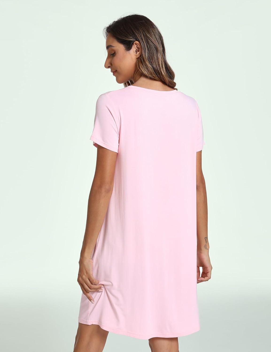imageGYS Bamboo Viscose Womens Nightgowns Classic Short Sleeve V Neck Sleep DressPink