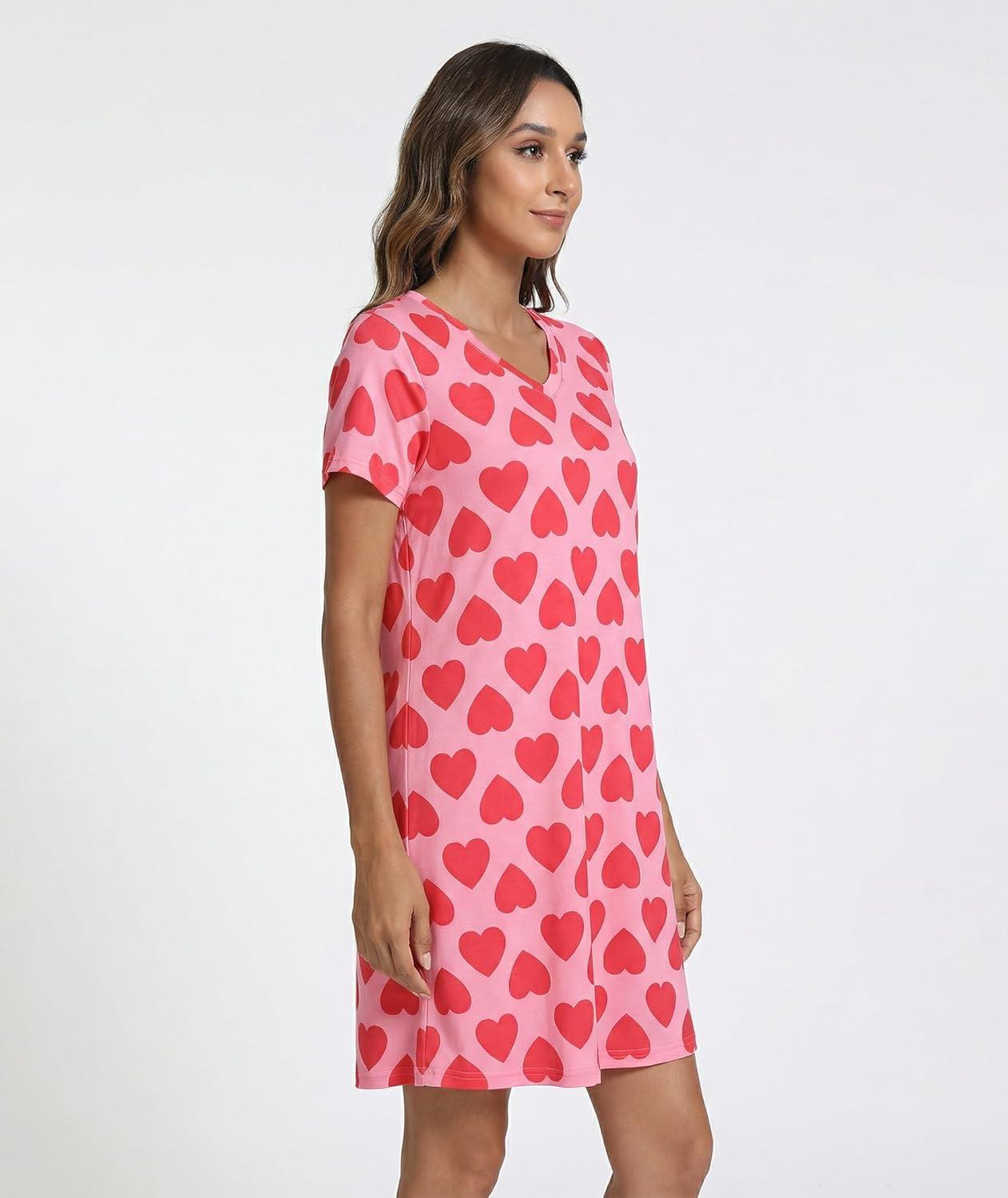 imageGYS Bamboo Viscose Womens Nightgowns Classic Short Sleeve V Neck Sleep DressPink Heart