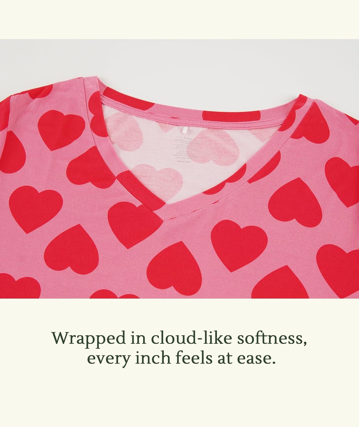 imageGYS Bamboo Viscose Womens Nightgowns Classic Short Sleeve V Neck Sleep DressPink Heart
