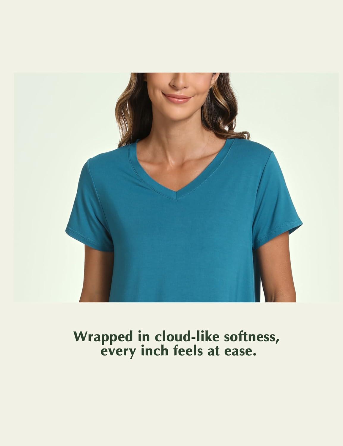 imageGYS Bamboo Viscose Womens Nightgowns Classic Short Sleeve V Neck Sleep DressTeal Blue
