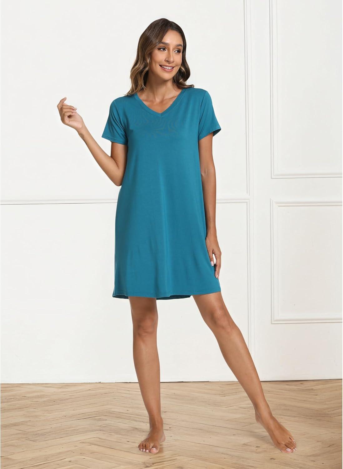 imageGYS Bamboo Viscose Womens Nightgowns Classic Short Sleeve V Neck Sleep DressTeal Blue