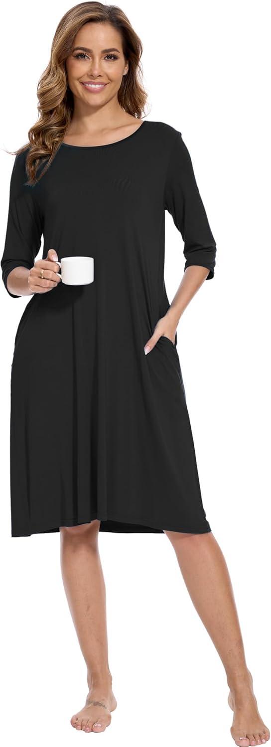 imageGYS Bamboo Viscose Womens Nightgowns Half Sleeve Crew Neck Sleep Dress with PocketsBlack