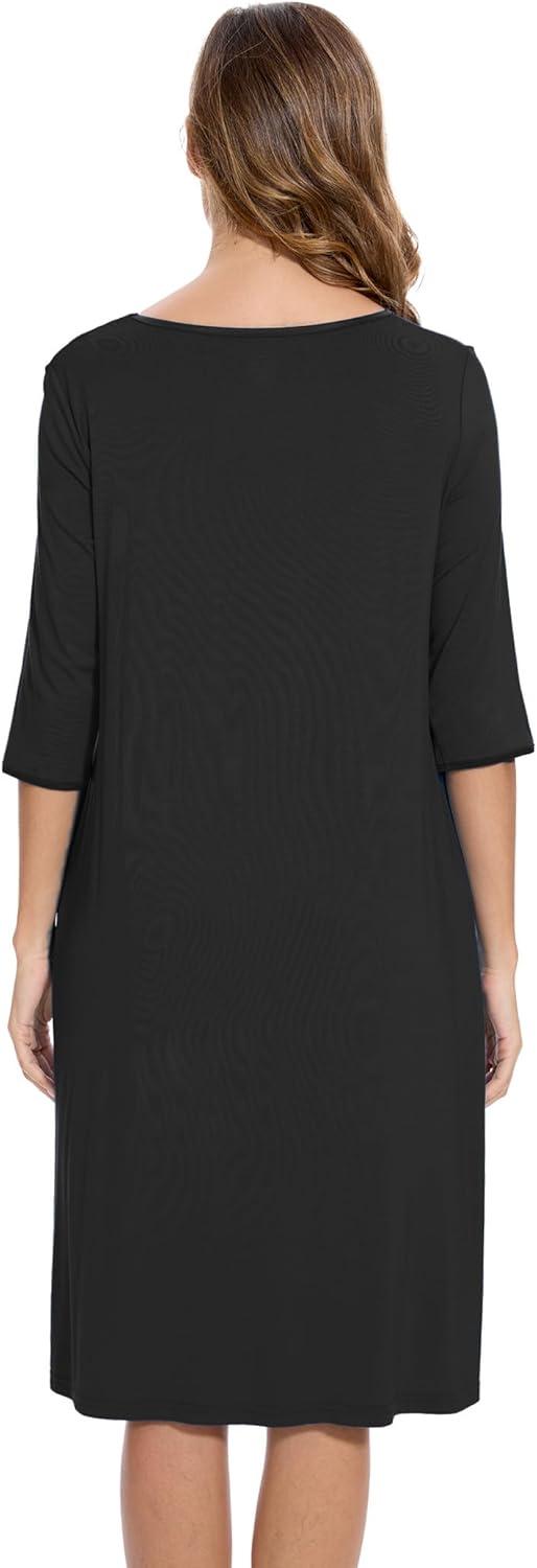 imageGYS Bamboo Viscose Womens Nightgowns Half Sleeve Crew Neck Sleep Dress with PocketsBlack
