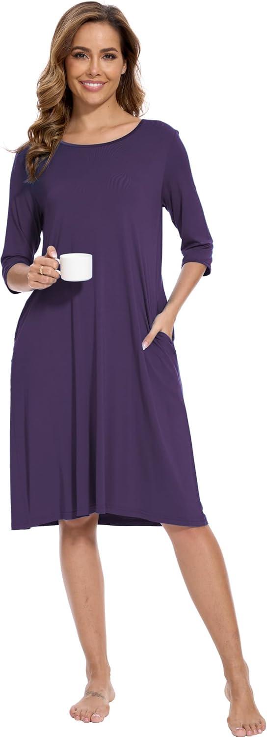 imageGYS Bamboo Viscose Womens Nightgowns Half Sleeve Crew Neck Sleep Dress with PocketsPurple