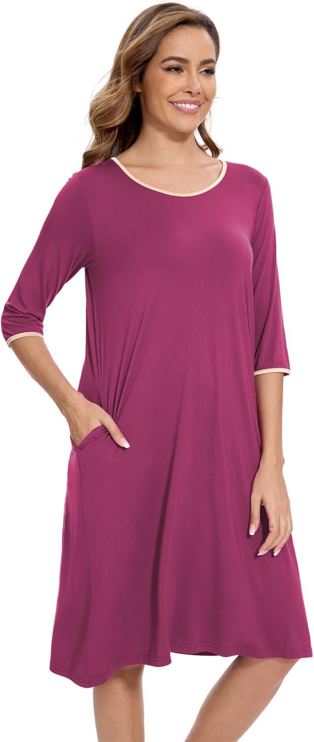 imageGYS Bamboo Viscose Womens Nightgowns Half Sleeve Crew Neck Sleep Dress with PocketsPurplish Red