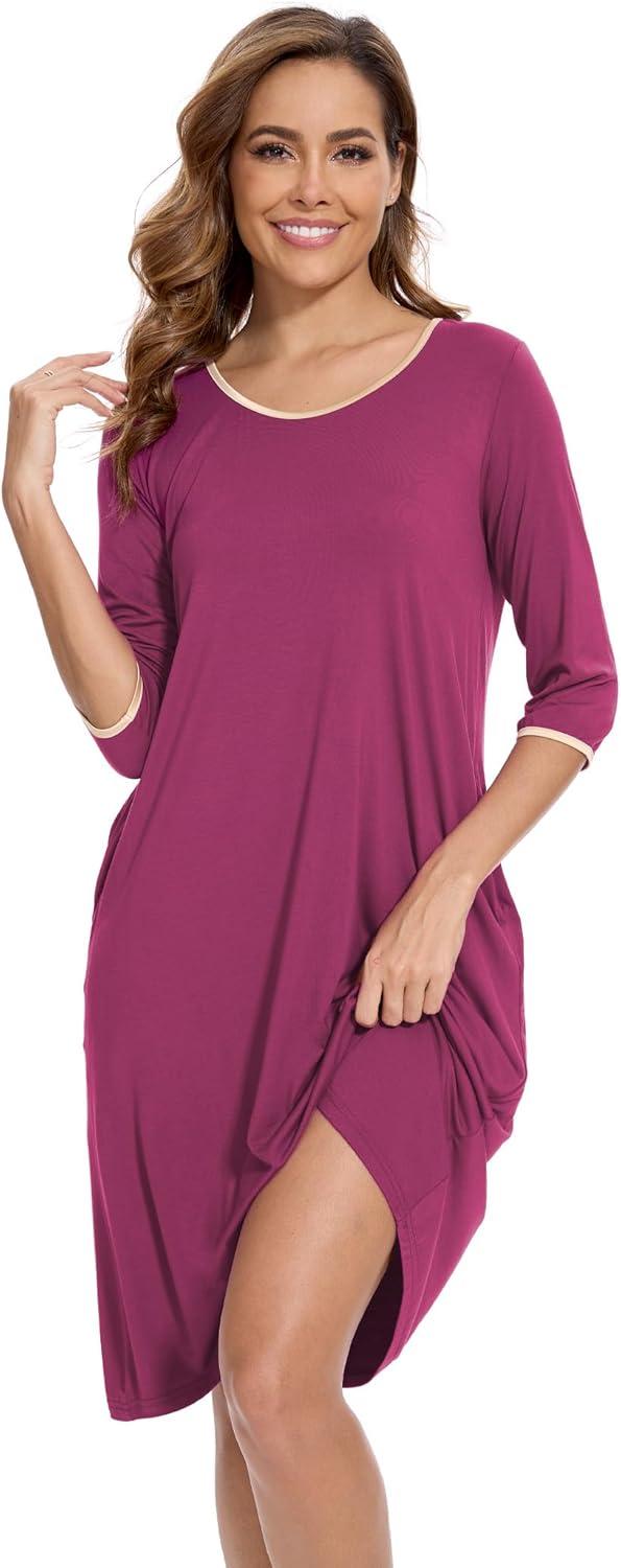 imageGYS Bamboo Viscose Womens Nightgowns Half Sleeve Crew Neck Sleep Dress with PocketsPurplish Red