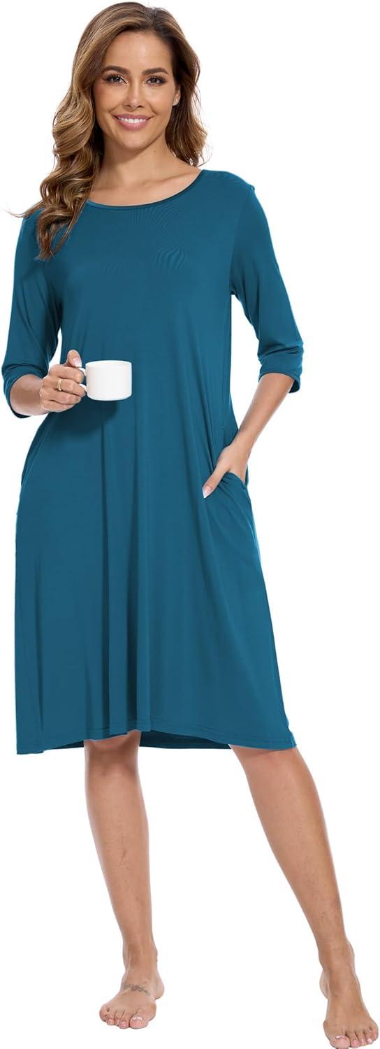 imageGYS Bamboo Viscose Womens Nightgowns Half Sleeve Crew Neck Sleep Dress with PocketsTeal Blue