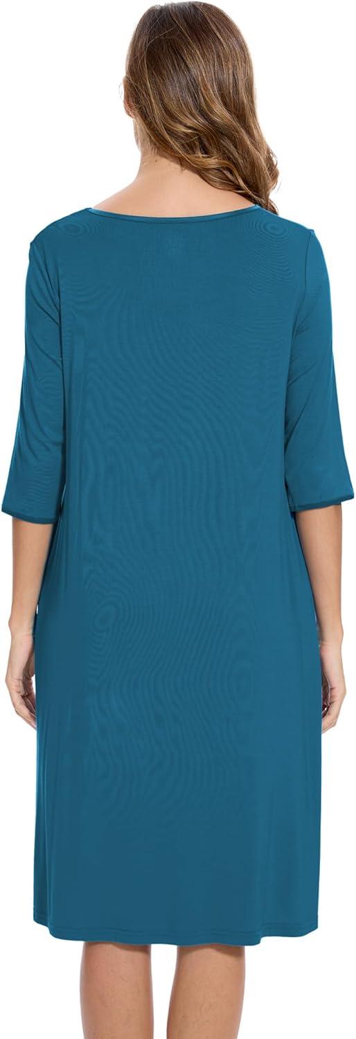 imageGYS Bamboo Viscose Womens Nightgowns Half Sleeve Crew Neck Sleep Dress with PocketsTeal Blue
