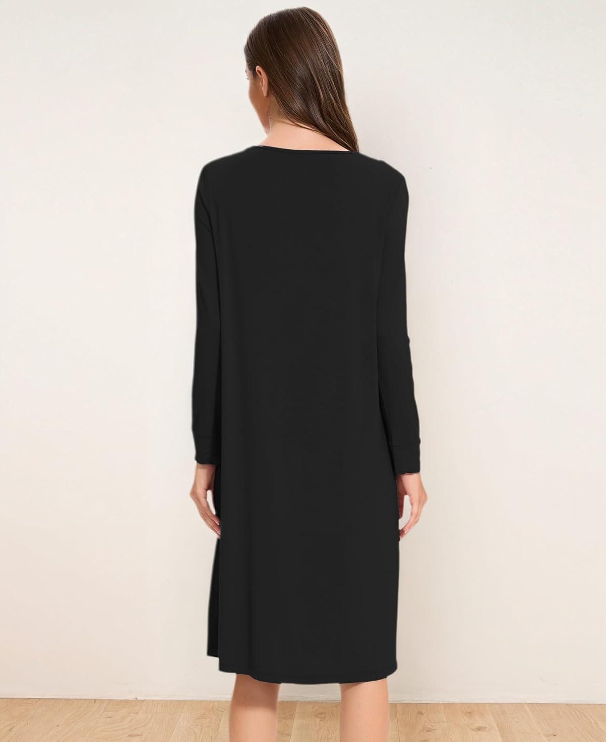 imageGYS Bamboo Viscose Womens Nightgowns Long Sleeve Lace V Neck Night Shirts for SleepingBlack