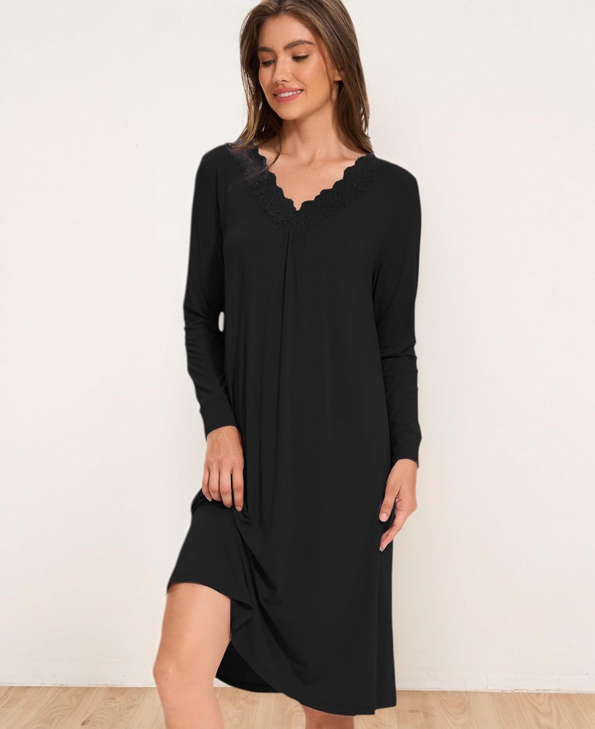 imageGYS Bamboo Viscose Womens Nightgowns Long Sleeve Lace V Neck Night Shirts for SleepingBlack