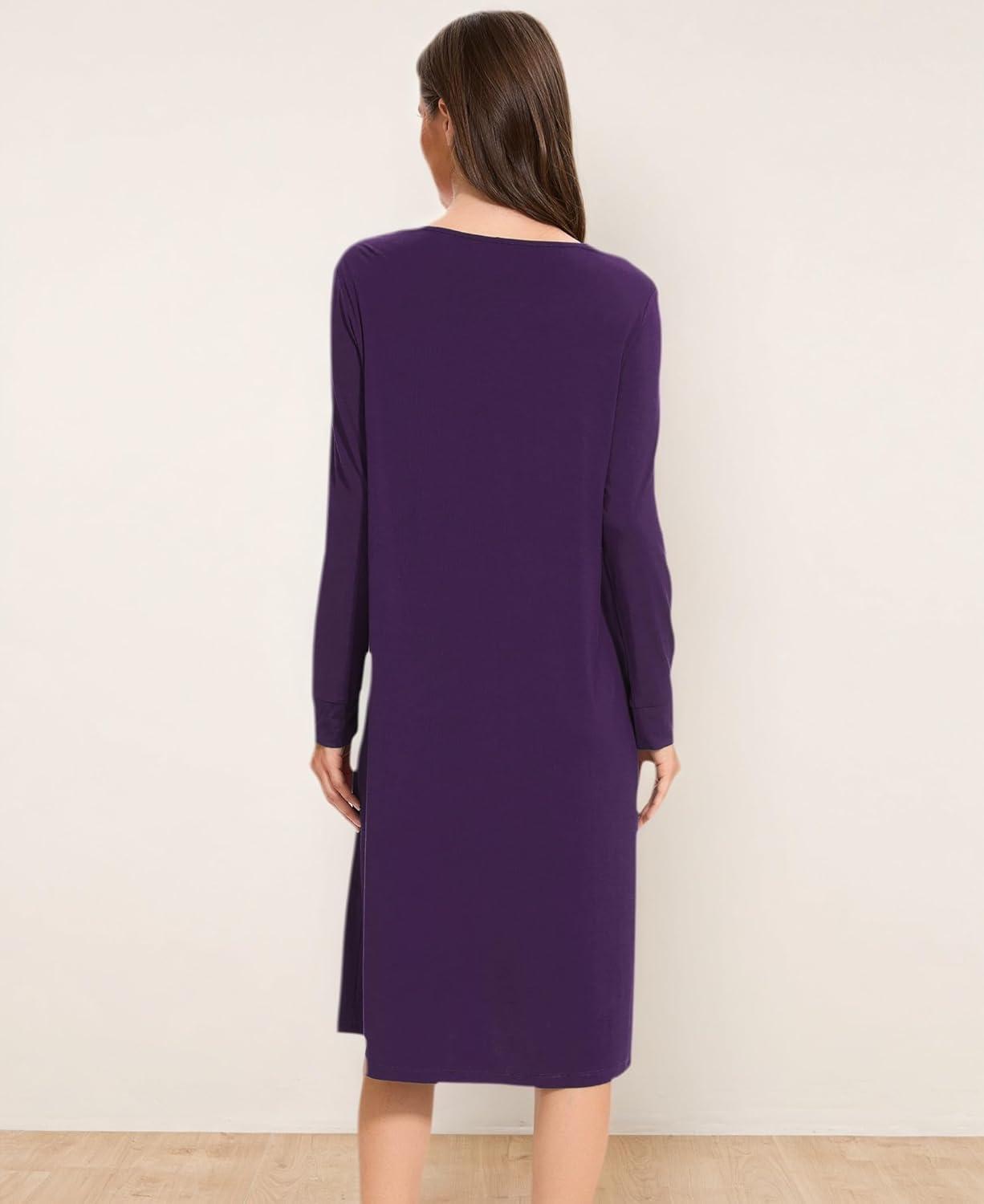 imageGYS Bamboo Viscose Womens Nightgowns Long Sleeve Lace V Neck Night Shirts for SleepingDeep Purple