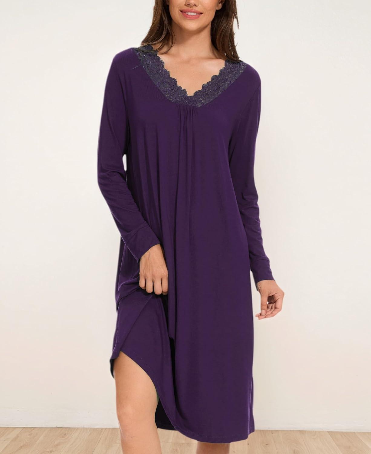 imageGYS Bamboo Viscose Womens Nightgowns Long Sleeve Lace V Neck Night Shirts for SleepingDeep Purple