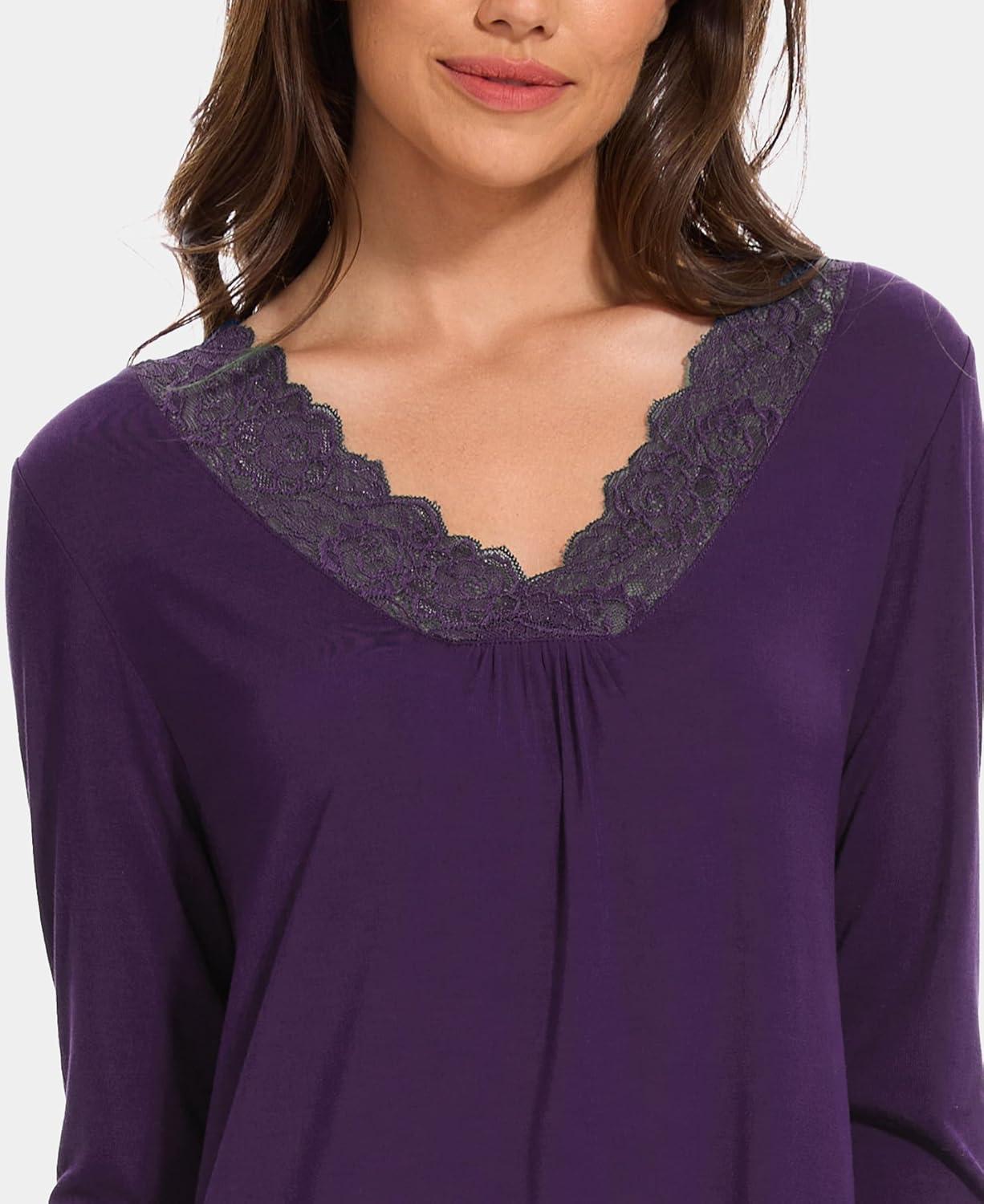 imageGYS Bamboo Viscose Womens Nightgowns Long Sleeve Lace V Neck Night Shirts for SleepingDeep Purple