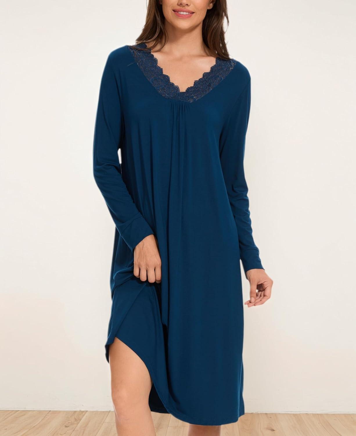 imageGYS Bamboo Viscose Womens Nightgowns Long Sleeve Lace V Neck Night Shirts for SleepingInk Blue