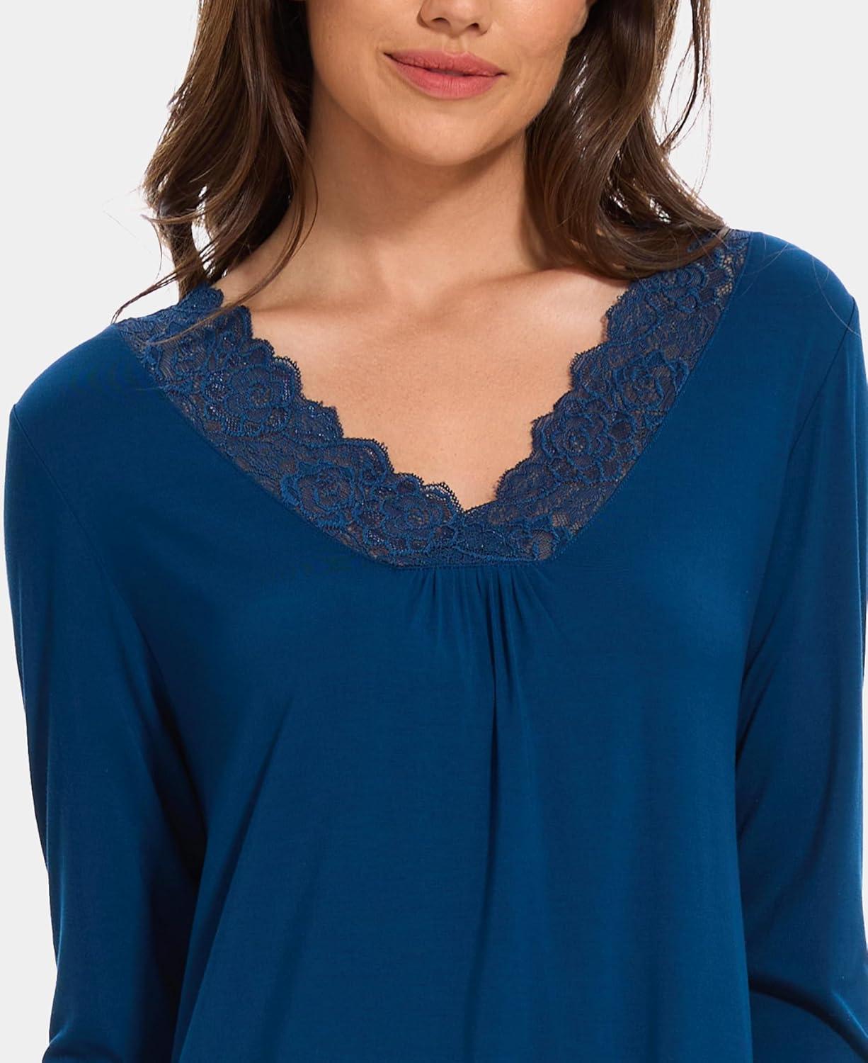 imageGYS Bamboo Viscose Womens Nightgowns Long Sleeve Lace V Neck Night Shirts for SleepingInk Blue