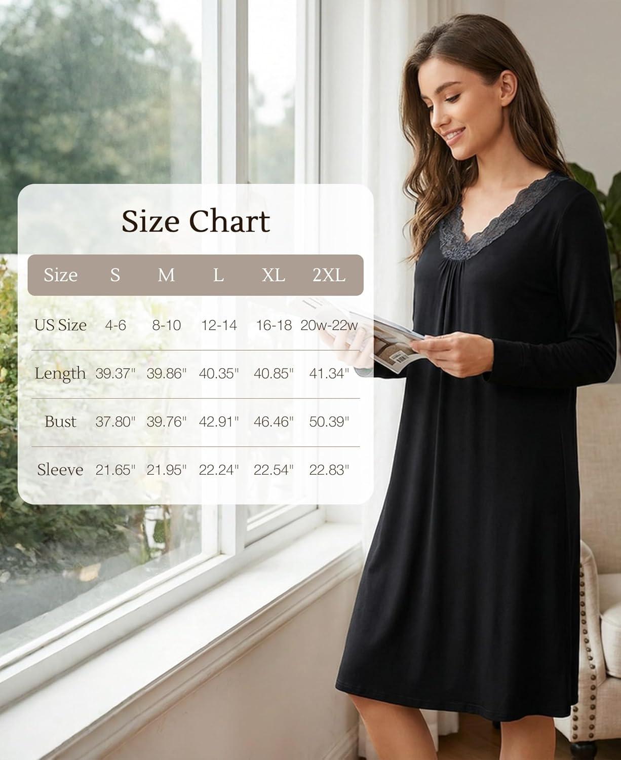 imageGYS Bamboo Viscose Womens Nightgowns Long Sleeve Lace V Neck Night Shirts for SleepingPink
