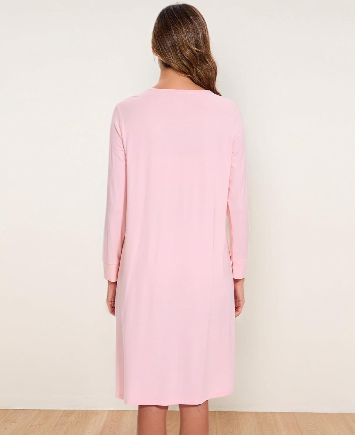 imageGYS Bamboo Viscose Womens Nightgowns Long Sleeve Lace V Neck Night Shirts for SleepingPink