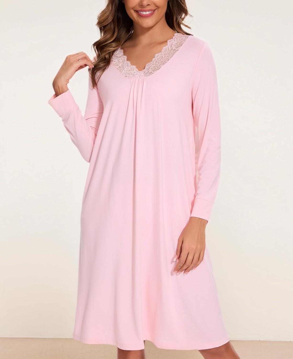 imageGYS Bamboo Viscose Womens Nightgowns Long Sleeve Lace V Neck Night Shirts for SleepingPink