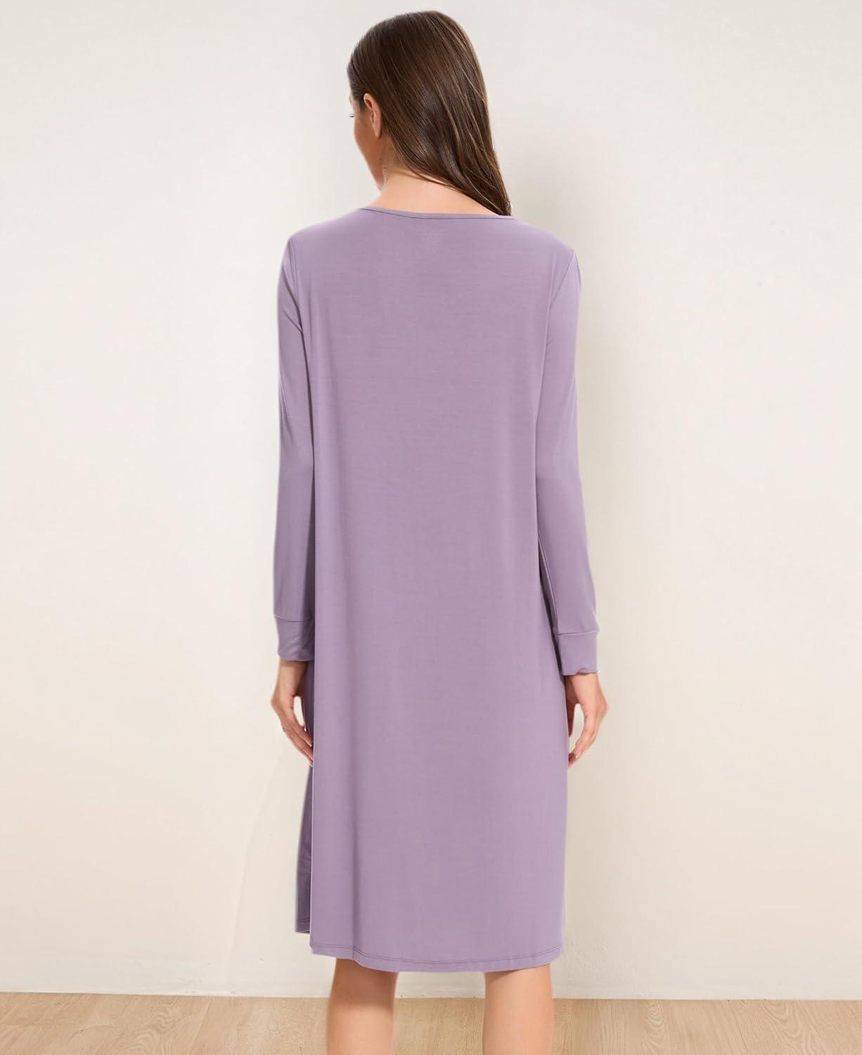 imageGYS Bamboo Viscose Womens Nightgowns Long Sleeve Lace V Neck Night Shirts for SleepingViolet