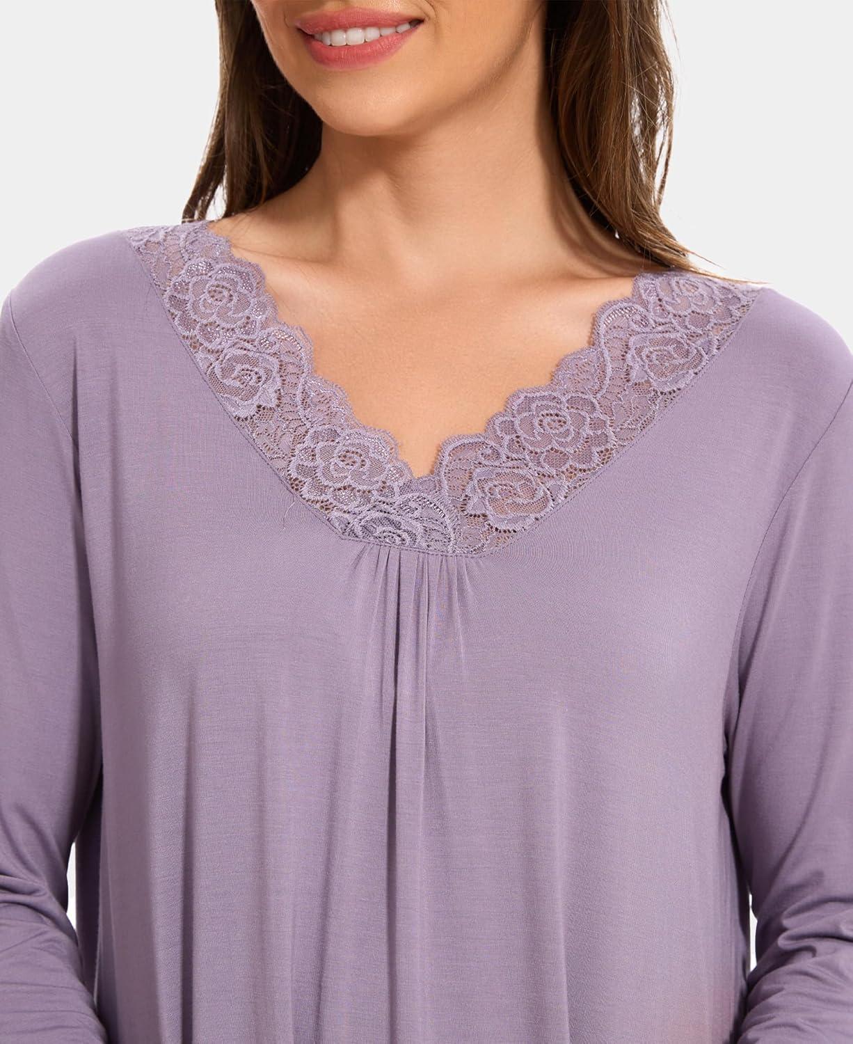 imageGYS Bamboo Viscose Womens Nightgowns Long Sleeve Lace V Neck Night Shirts for SleepingViolet