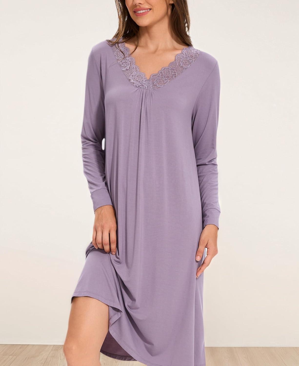 imageGYS Bamboo Viscose Womens Nightgowns Long Sleeve Lace V Neck Night Shirts for SleepingViolet