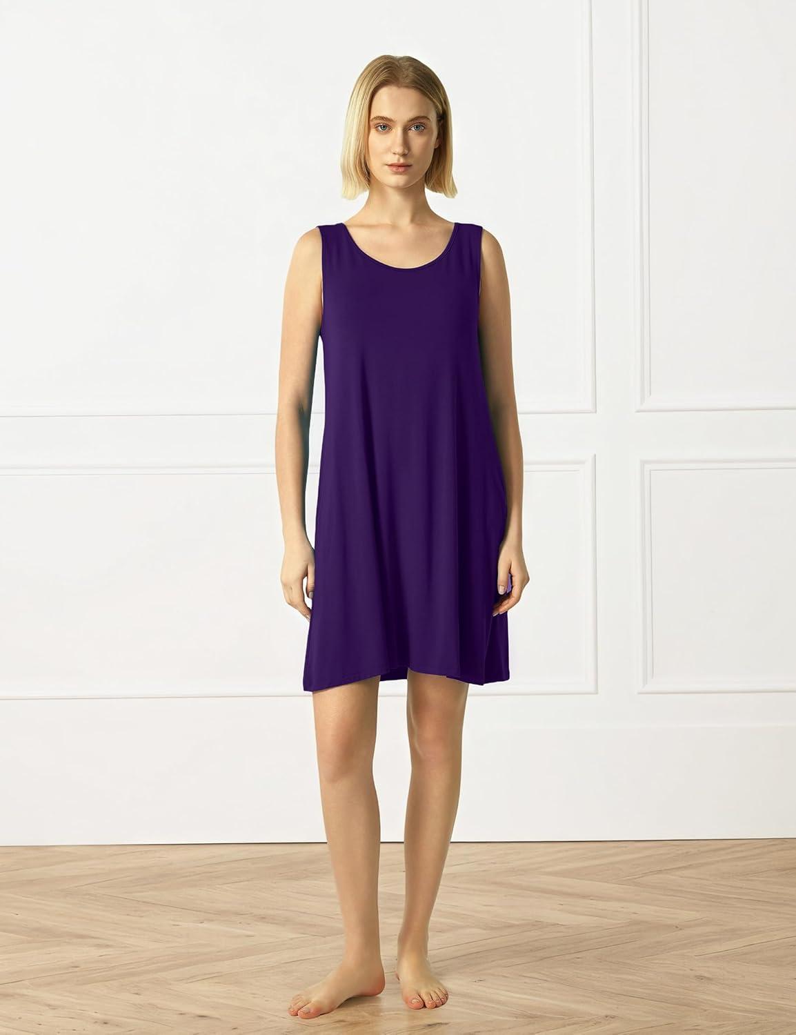 imageGYS Bamboo Viscose Womens Nightgowns Sleeveless Soft Summer Tank Sleepwear with PocketsCrew Neckdeep Purple