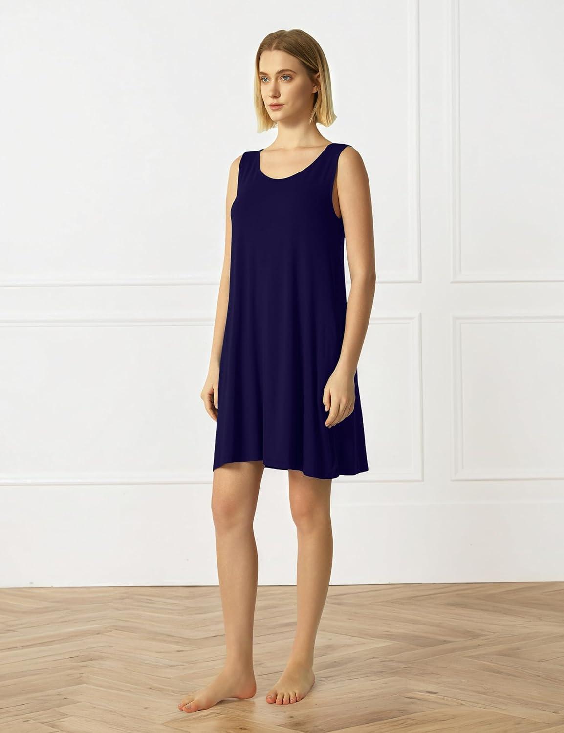 imageGYS Bamboo Viscose Womens Nightgowns Sleeveless Soft Summer Tank Sleepwear with PocketsCrew Necknavy