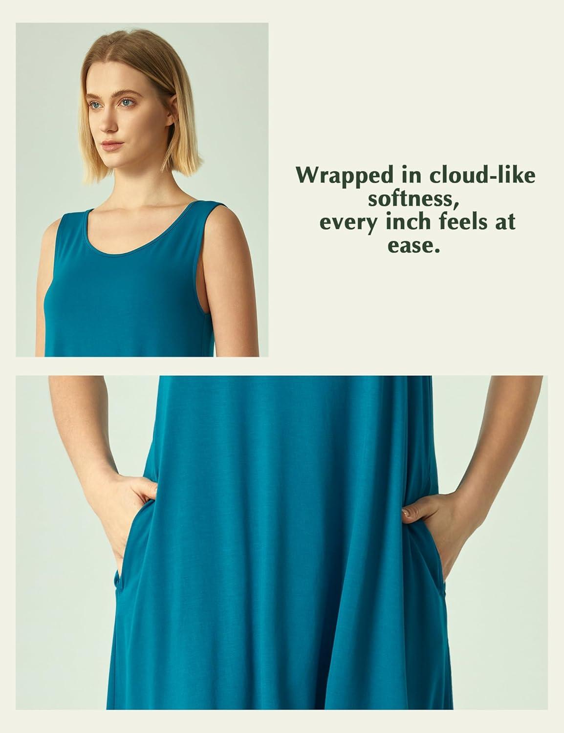 imageGYS Bamboo Viscose Womens Nightgowns Sleeveless Soft Summer Tank Sleepwear with PocketsCrew Neckteal Blue