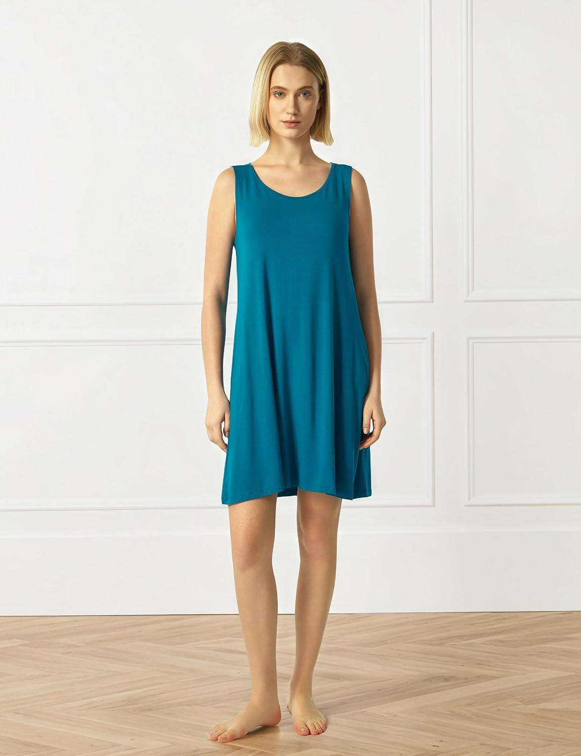 imageGYS Bamboo Viscose Womens Nightgowns Sleeveless Soft Summer Tank Sleepwear with PocketsCrew Neckteal Blue