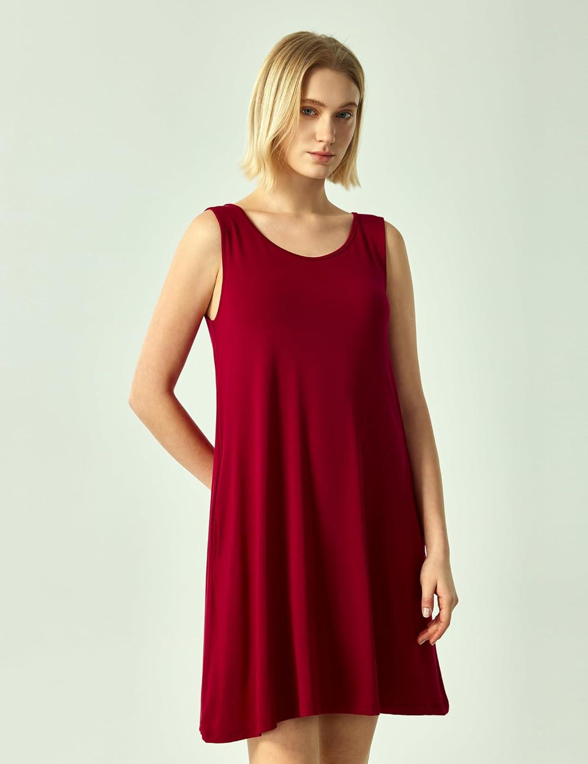 imageGYS Bamboo Viscose Womens Nightgowns Sleeveless Soft Summer Tank Sleepwear with PocketsCrew Neckwine Red