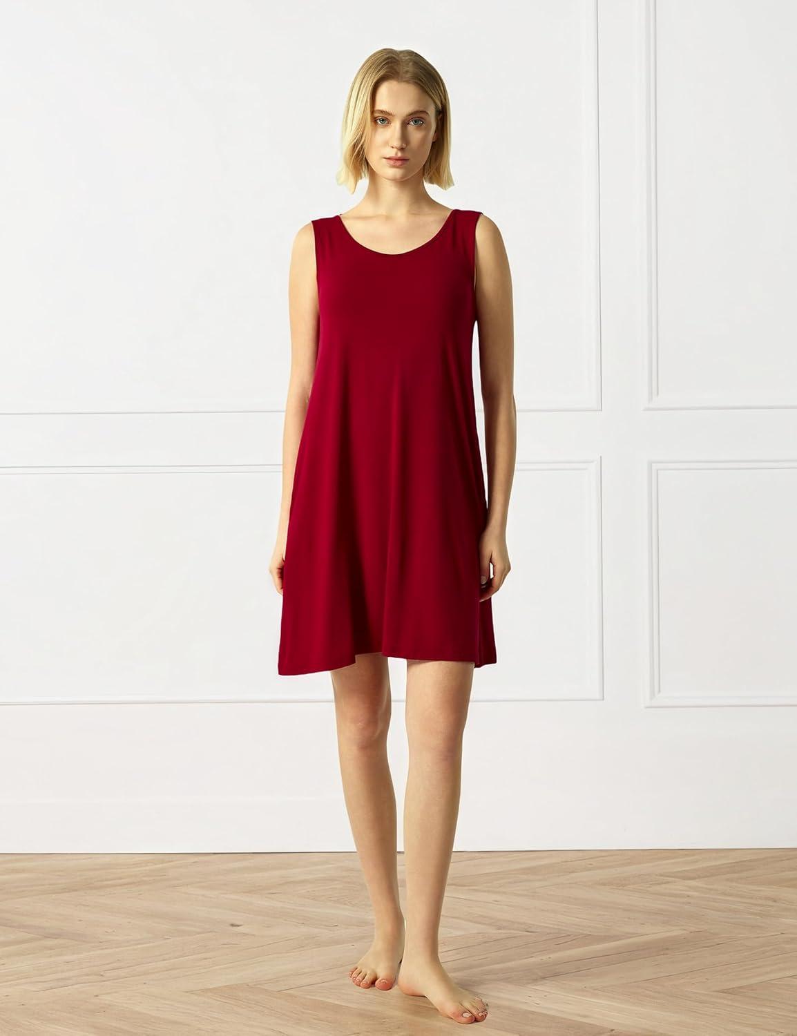 imageGYS Bamboo Viscose Womens Nightgowns Sleeveless Soft Summer Tank Sleepwear with PocketsCrew Neckwine Red