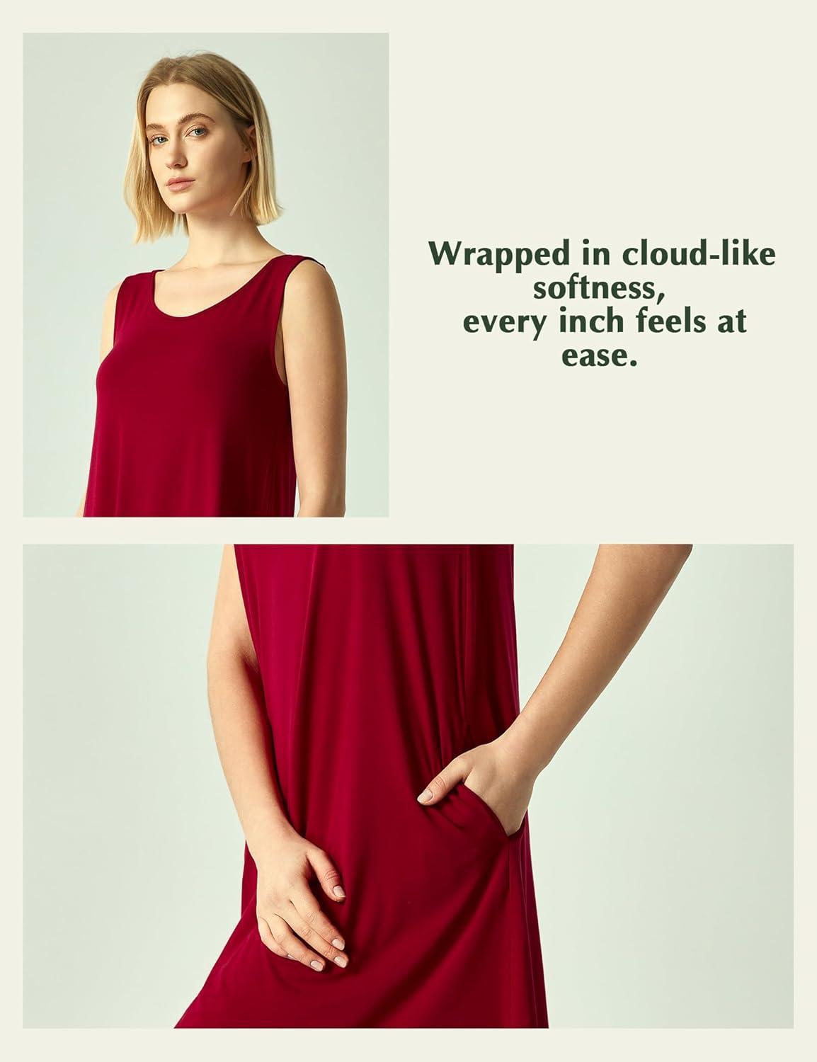 imageGYS Bamboo Viscose Womens Nightgowns Sleeveless Soft Summer Tank Sleepwear with PocketsCrew Neckwine Red