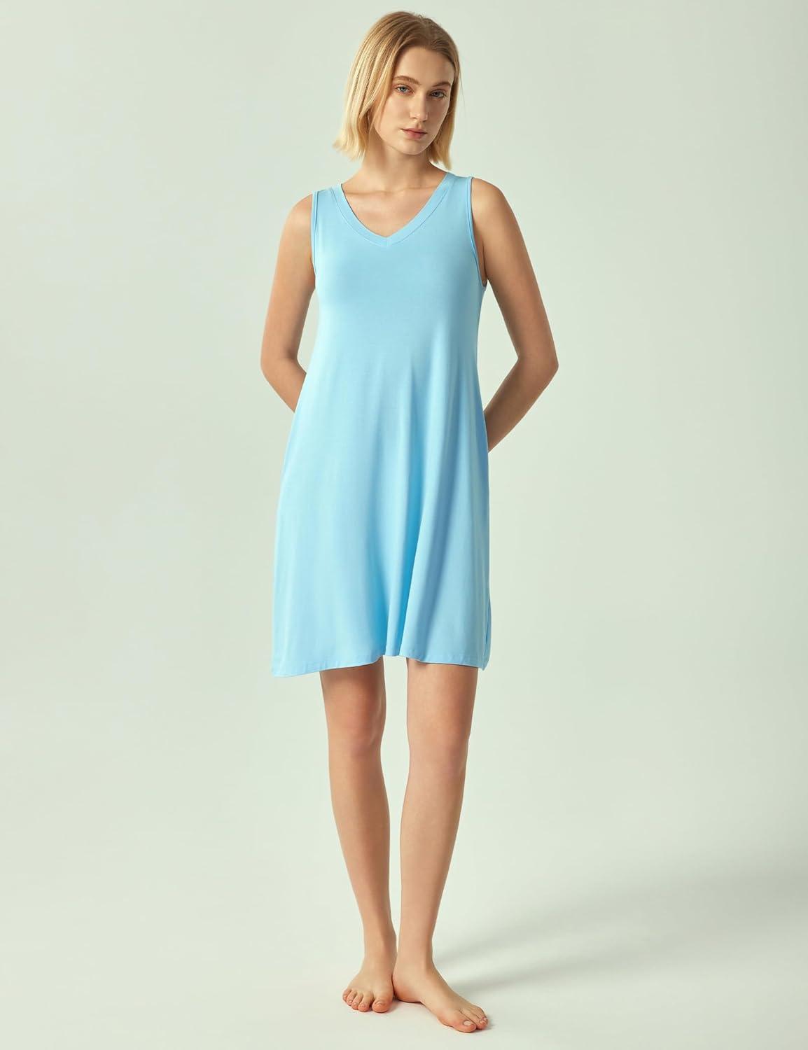 imageGYS Bamboo Viscose Womens Nightgowns Sleeveless Soft Summer Tank Sleepwear with PocketsV Neckazure Blue