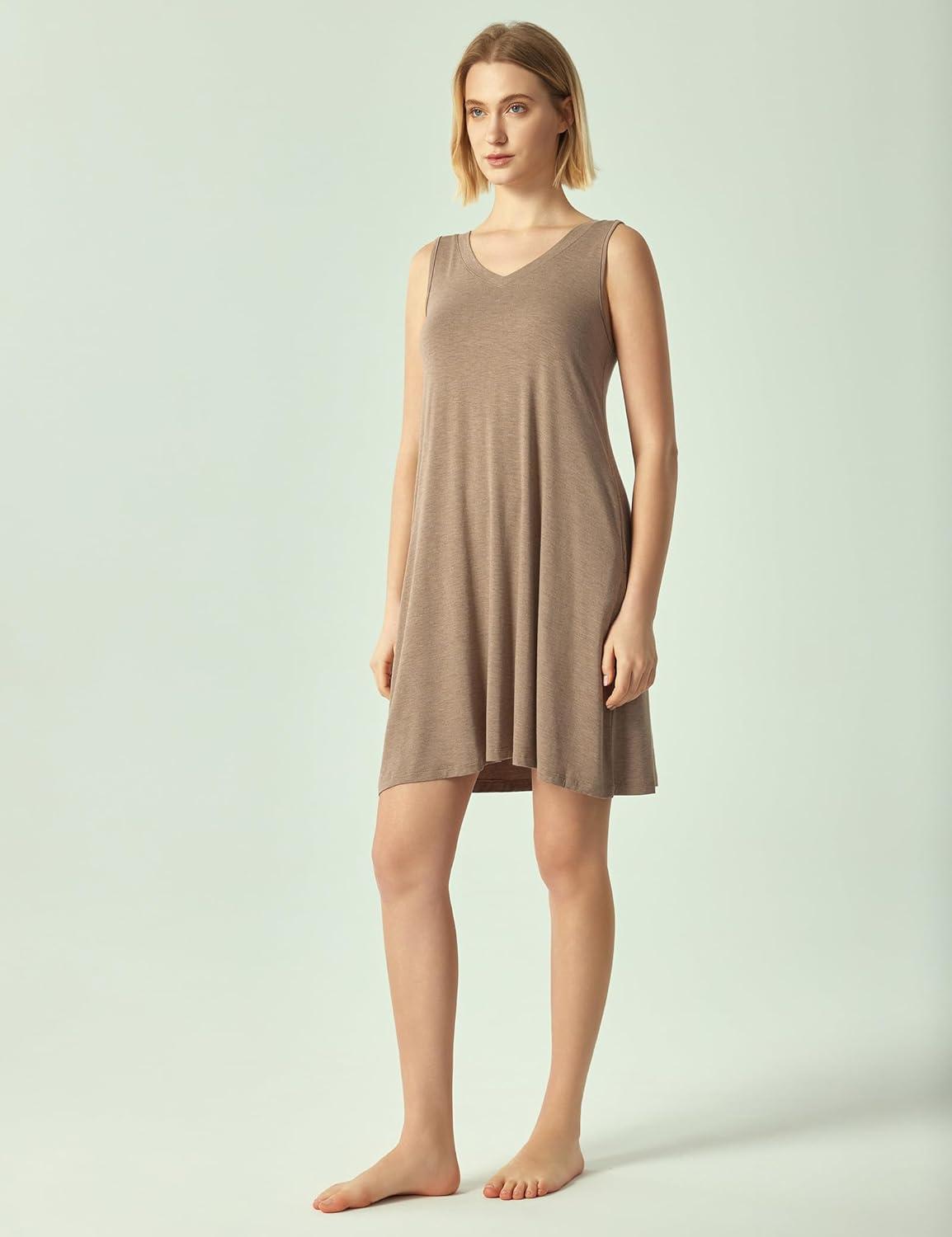 imageGYS Bamboo Viscose Womens Nightgowns Sleeveless Soft Summer Tank Sleepwear with PocketsV Neckcamel