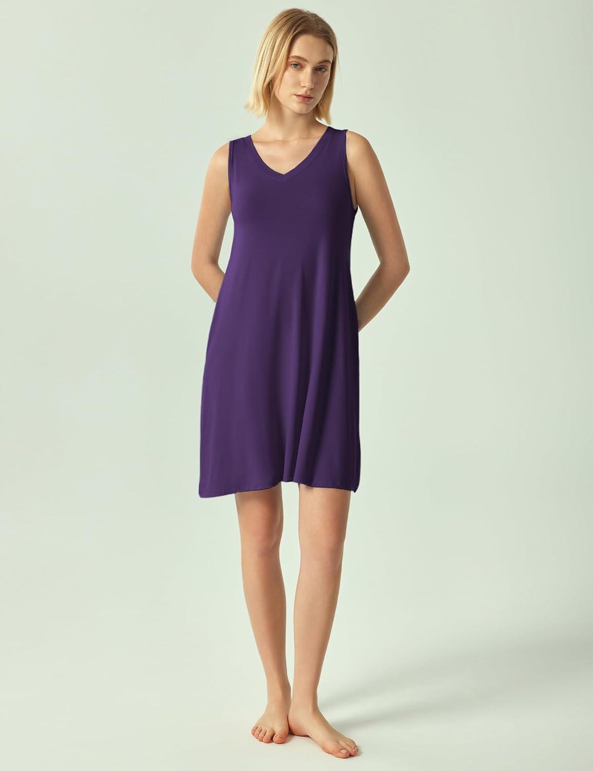 imageGYS Bamboo Viscose Womens Nightgowns Sleeveless Soft Summer Tank Sleepwear with PocketsV Neckdeep Purple
