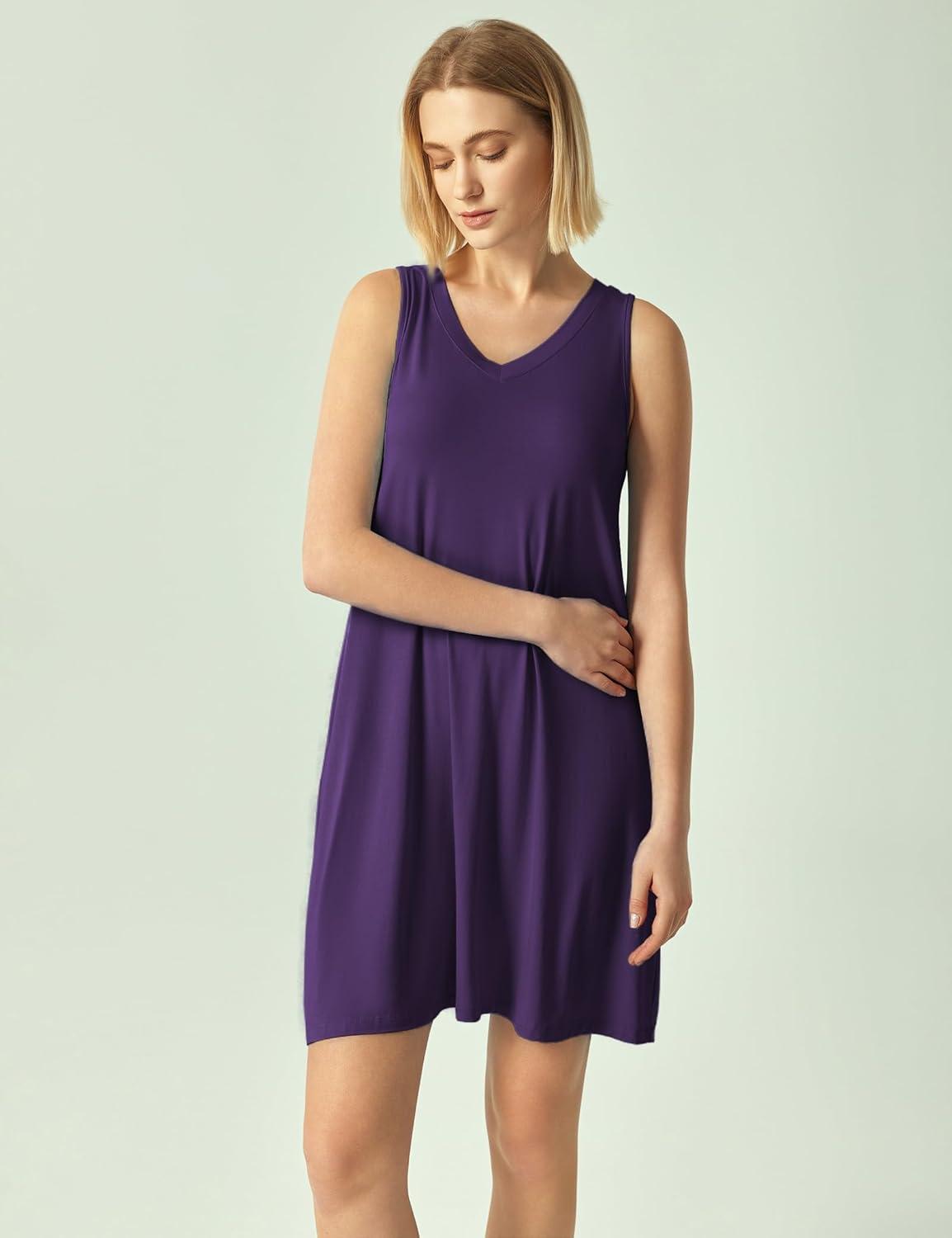 imageGYS Bamboo Viscose Womens Nightgowns Sleeveless Soft Summer Tank Sleepwear with PocketsV Neckdeep Purple
