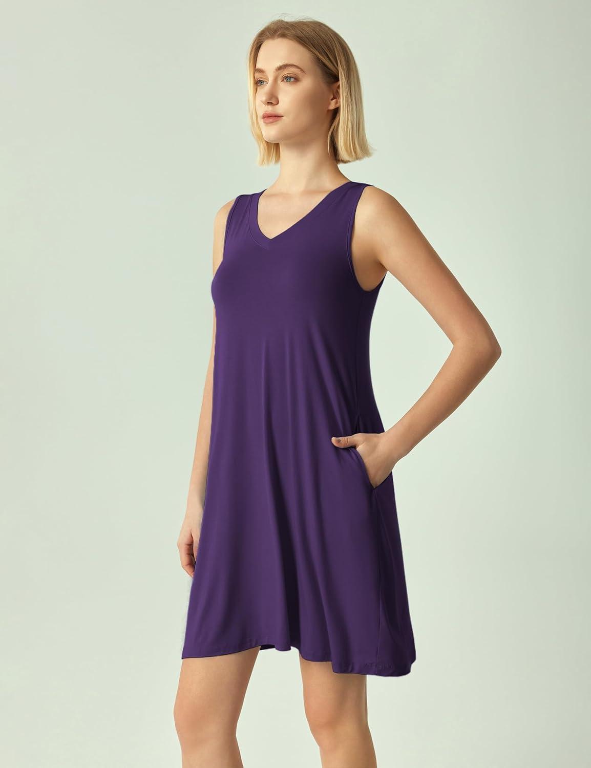 imageGYS Bamboo Viscose Womens Nightgowns Sleeveless Soft Summer Tank Sleepwear with PocketsV Neckdeep Purple
