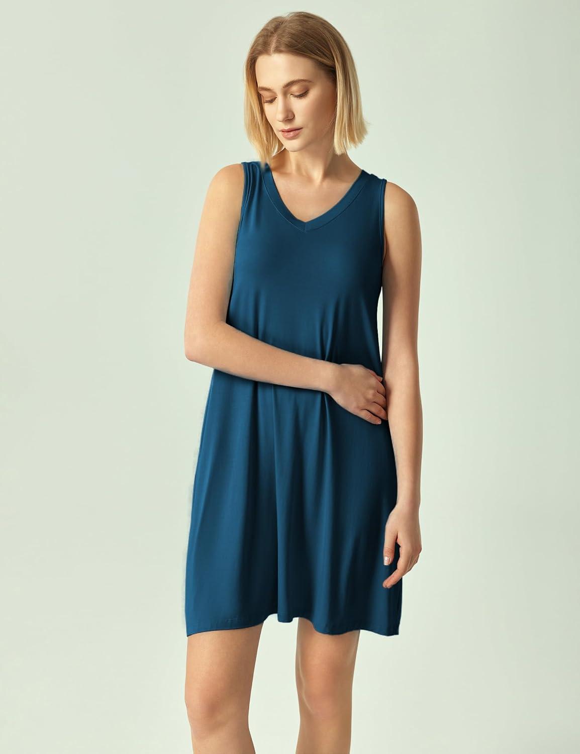 imageGYS Bamboo Viscose Womens Nightgowns Sleeveless Soft Summer Tank Sleepwear with PocketsV Neckink Blue