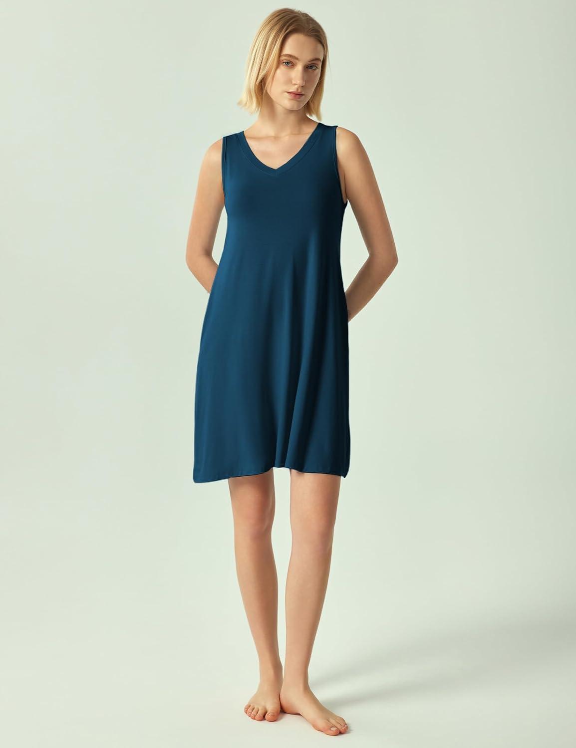 imageGYS Bamboo Viscose Womens Nightgowns Sleeveless Soft Summer Tank Sleepwear with PocketsV Neckink Blue