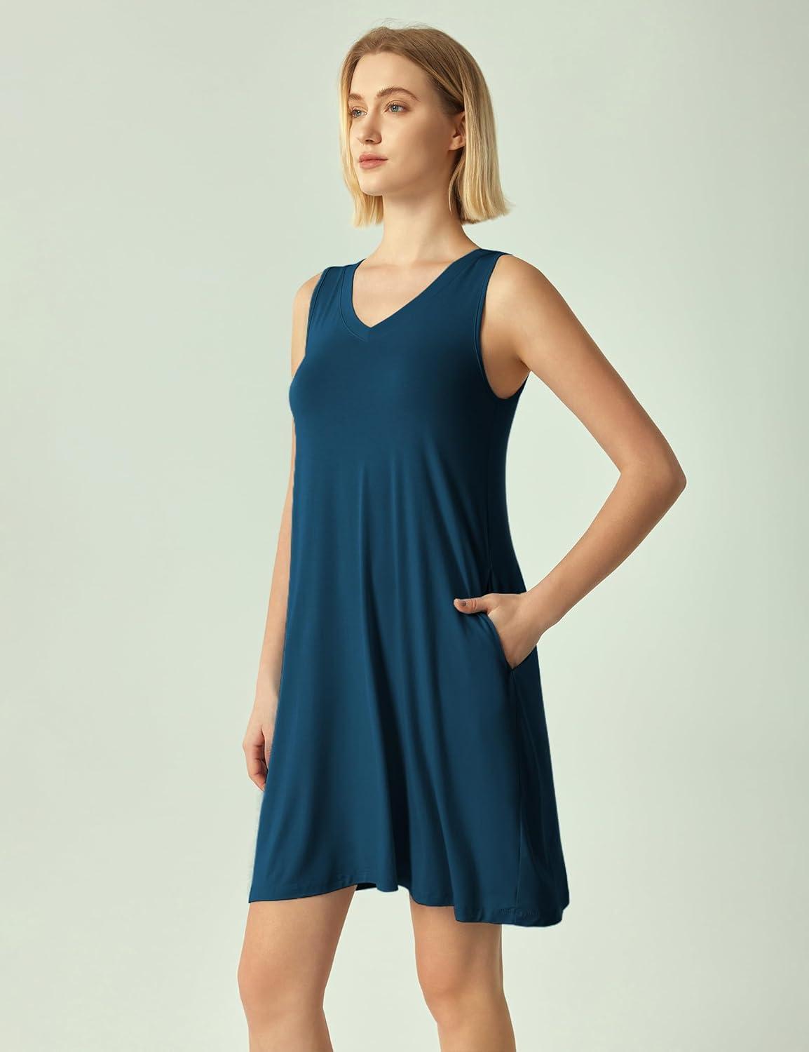 imageGYS Bamboo Viscose Womens Nightgowns Sleeveless Soft Summer Tank Sleepwear with PocketsV Neckink Blue