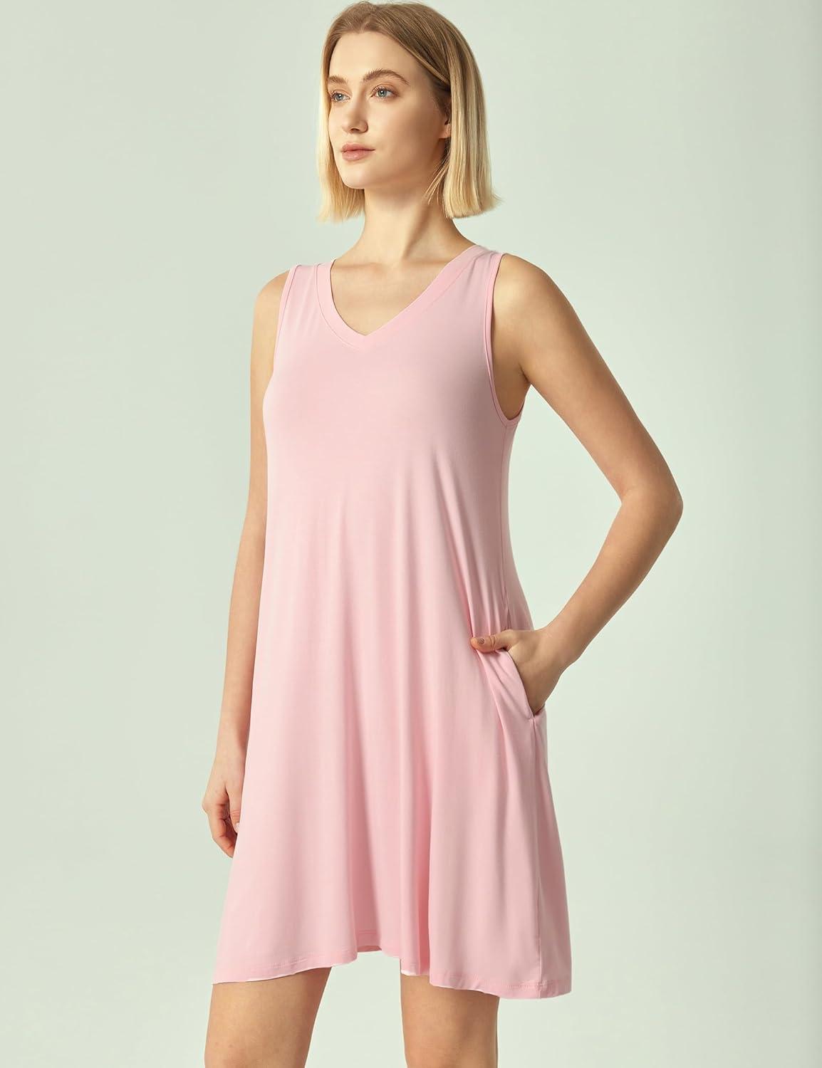 imageGYS Bamboo Viscose Womens Nightgowns Sleeveless Soft Summer Tank Sleepwear with PocketsV Neckpink