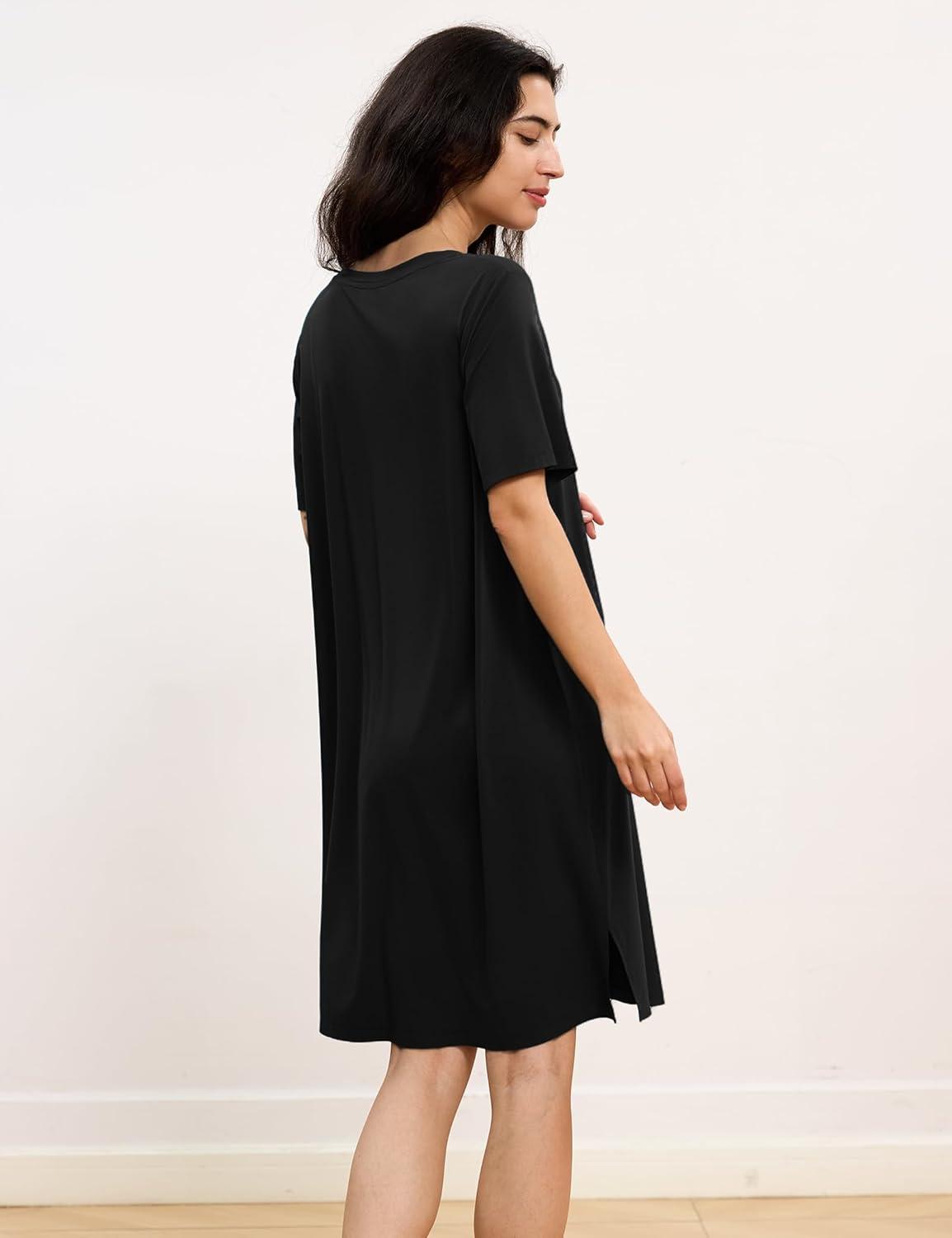 imageGYS Premium Womens Nightgowns Bamboo Viscose Short Sleeve Soft and Breathable Pajama DressBlack