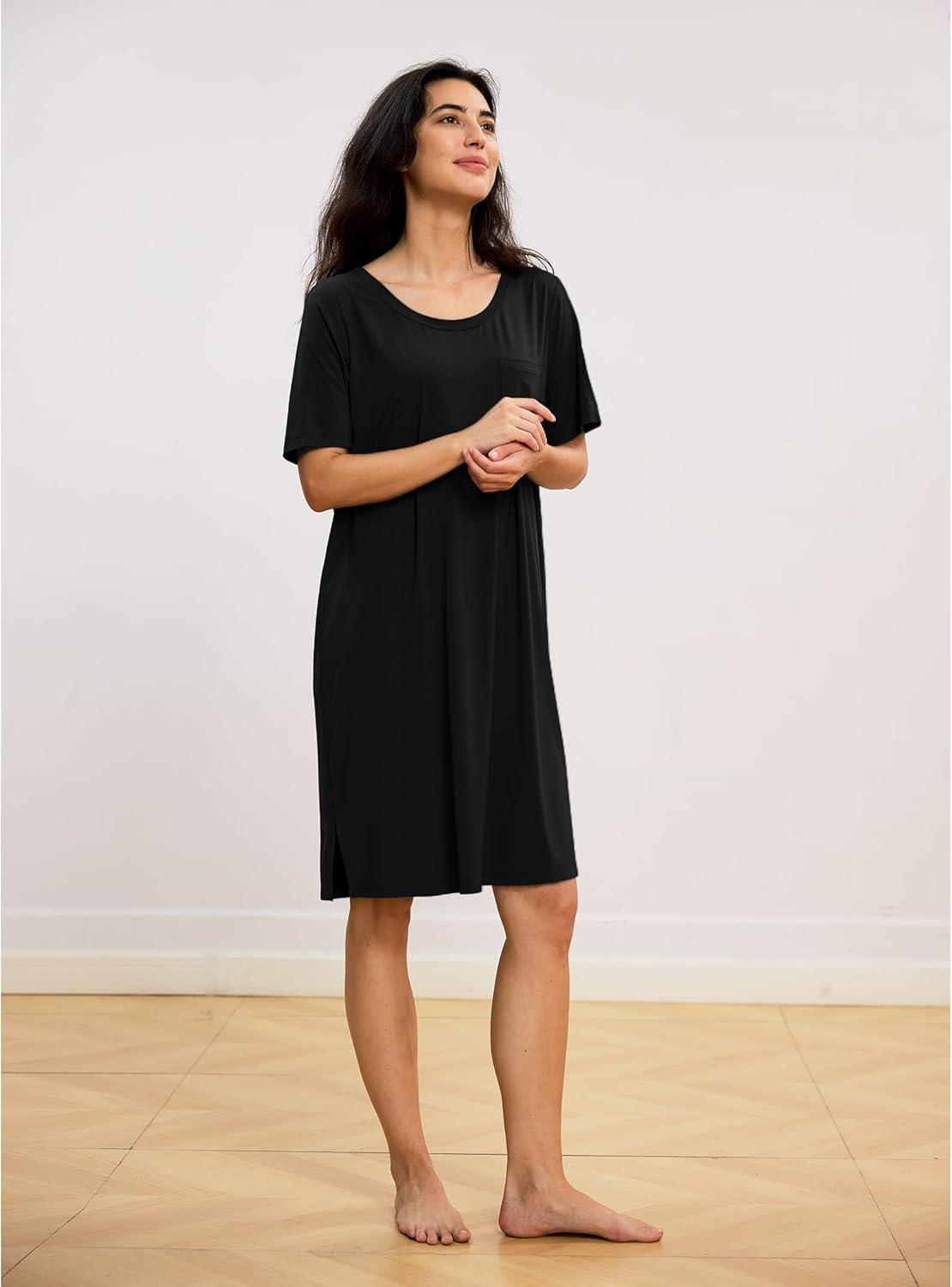 imageGYS Premium Womens Nightgowns Bamboo Viscose Short Sleeve Soft and Breathable Pajama DressBlack
