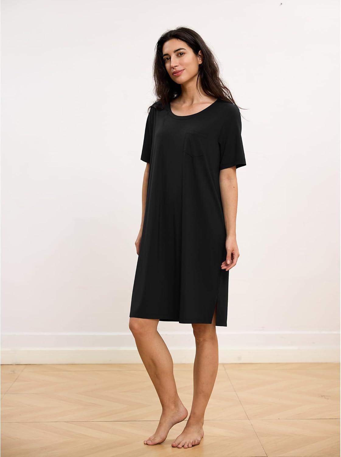 imageGYS Premium Womens Nightgowns Bamboo Viscose Short Sleeve Soft and Breathable Pajama DressBlack