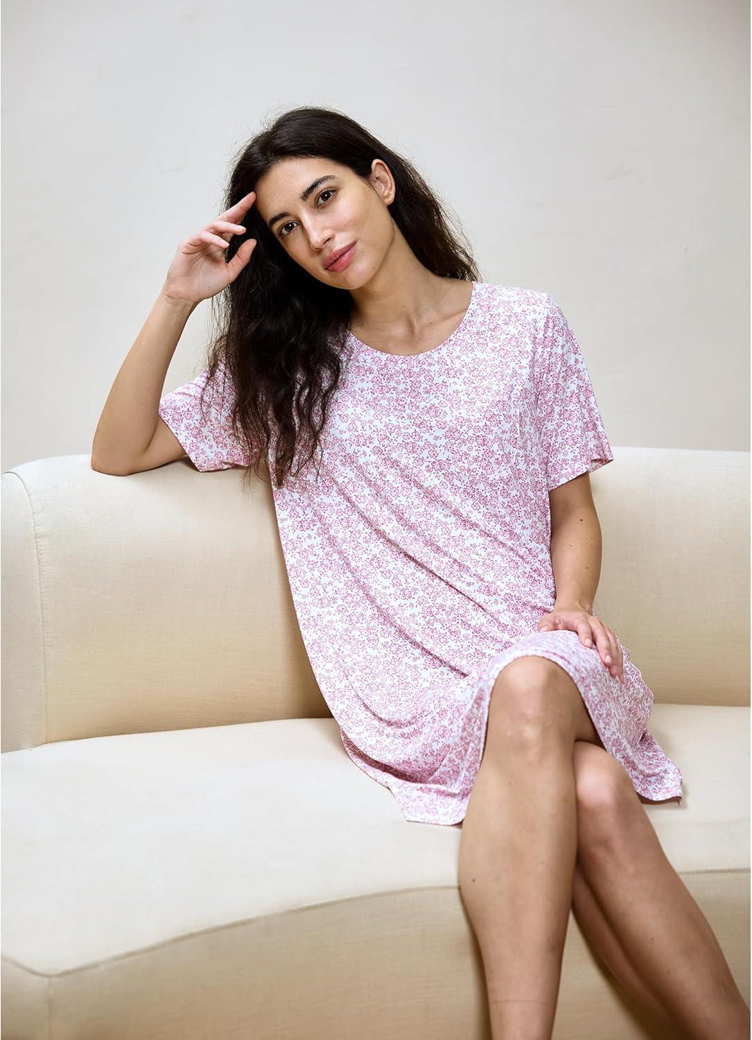 imageGYS Premium Womens Nightgowns Bamboo Viscose Short Sleeve Soft and Breathable Pajama DressFloral Whisper