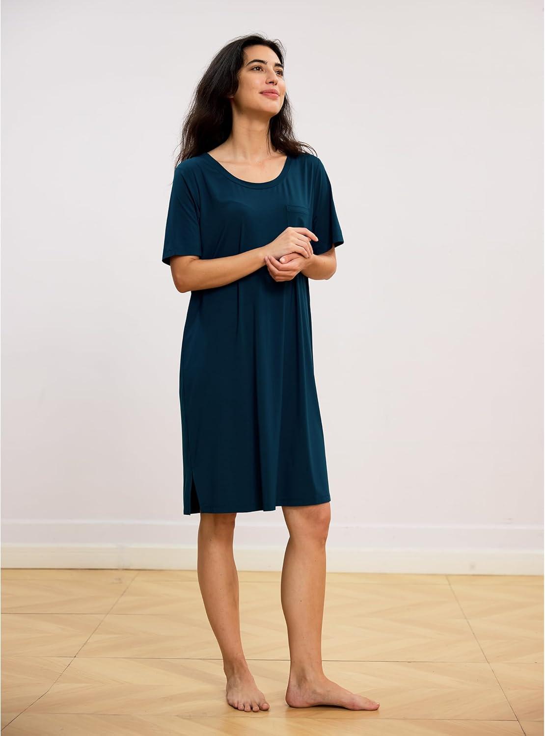 imageGYS Premium Womens Nightgowns Bamboo Viscose Short Sleeve Soft and Breathable Pajama DressInk Blue
