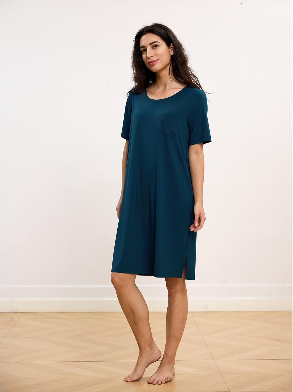imageGYS Premium Womens Nightgowns Bamboo Viscose Short Sleeve Soft and Breathable Pajama DressInk Blue